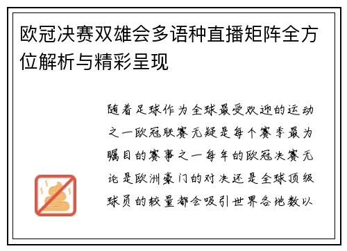 欧冠决赛双雄会多语种直播矩阵全方位解析与精彩呈现