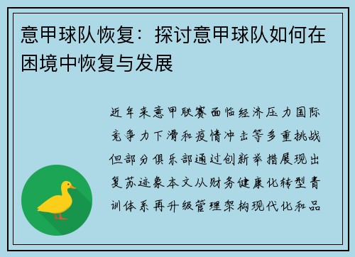 意甲球队恢复：探讨意甲球队如何在困境中恢复与发展