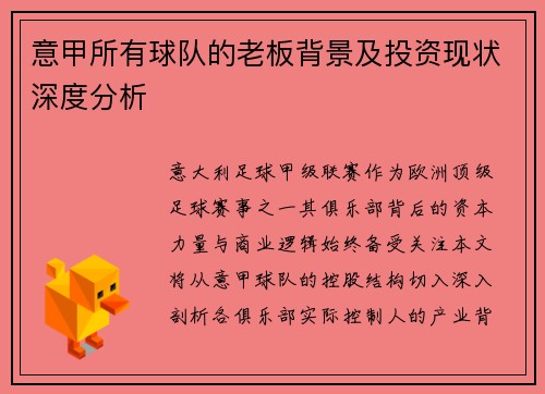 意甲所有球队的老板背景及投资现状深度分析