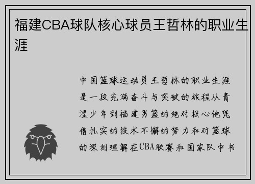 福建CBA球队核心球员王哲林的职业生涯