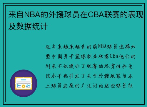 来自NBA的外援球员在CBA联赛的表现及数据统计