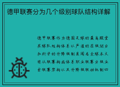 德甲联赛分为几个级别球队结构详解
